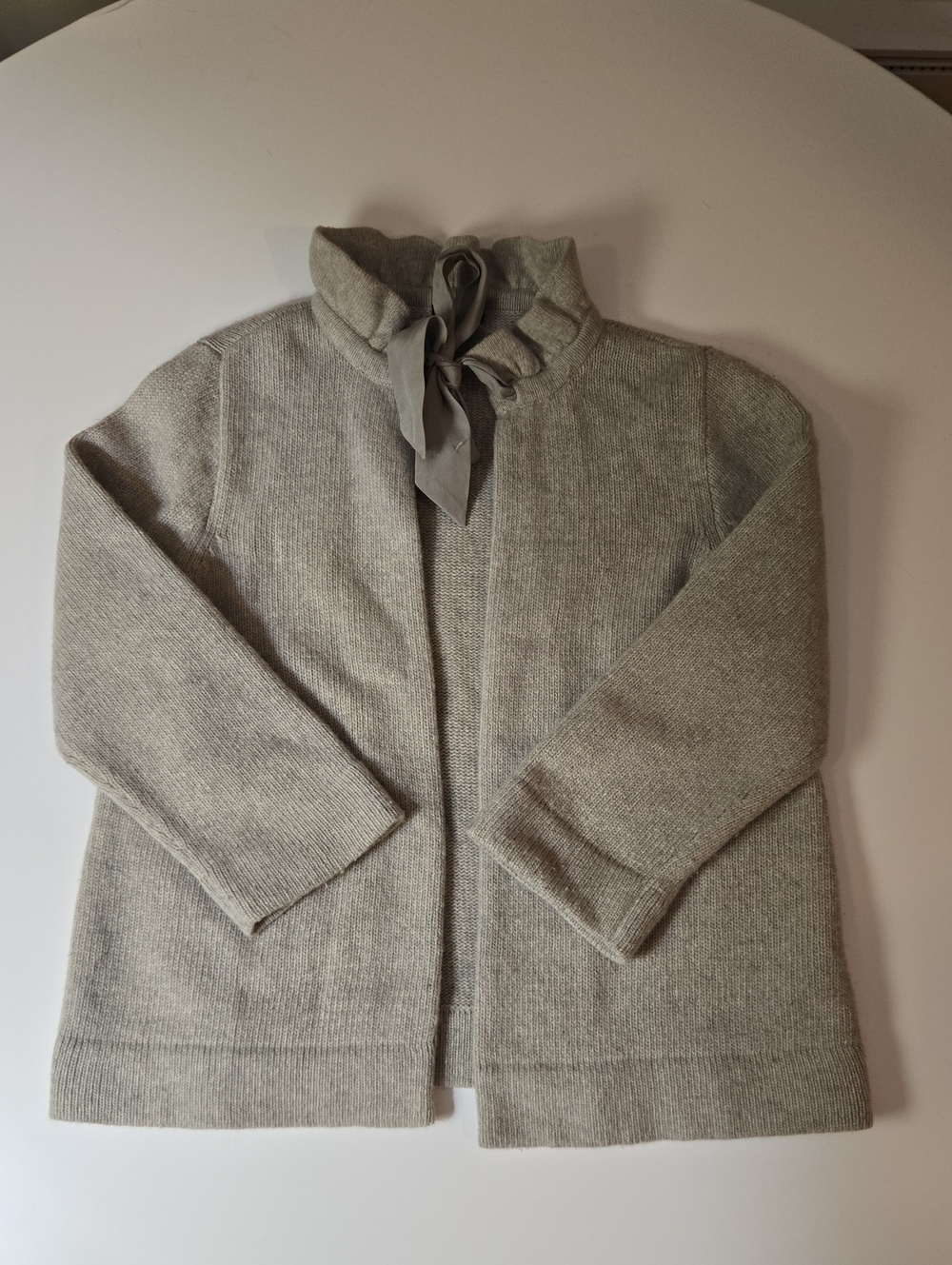 J. Crew Light Gray 3/4 Sleeve Bow Cardigan with Ruffle Collar